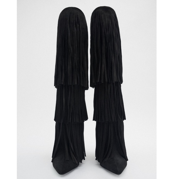 Zara FRINGED HEELED LEATHER KNEE HIGH BOOTS - Picture 7 of 9